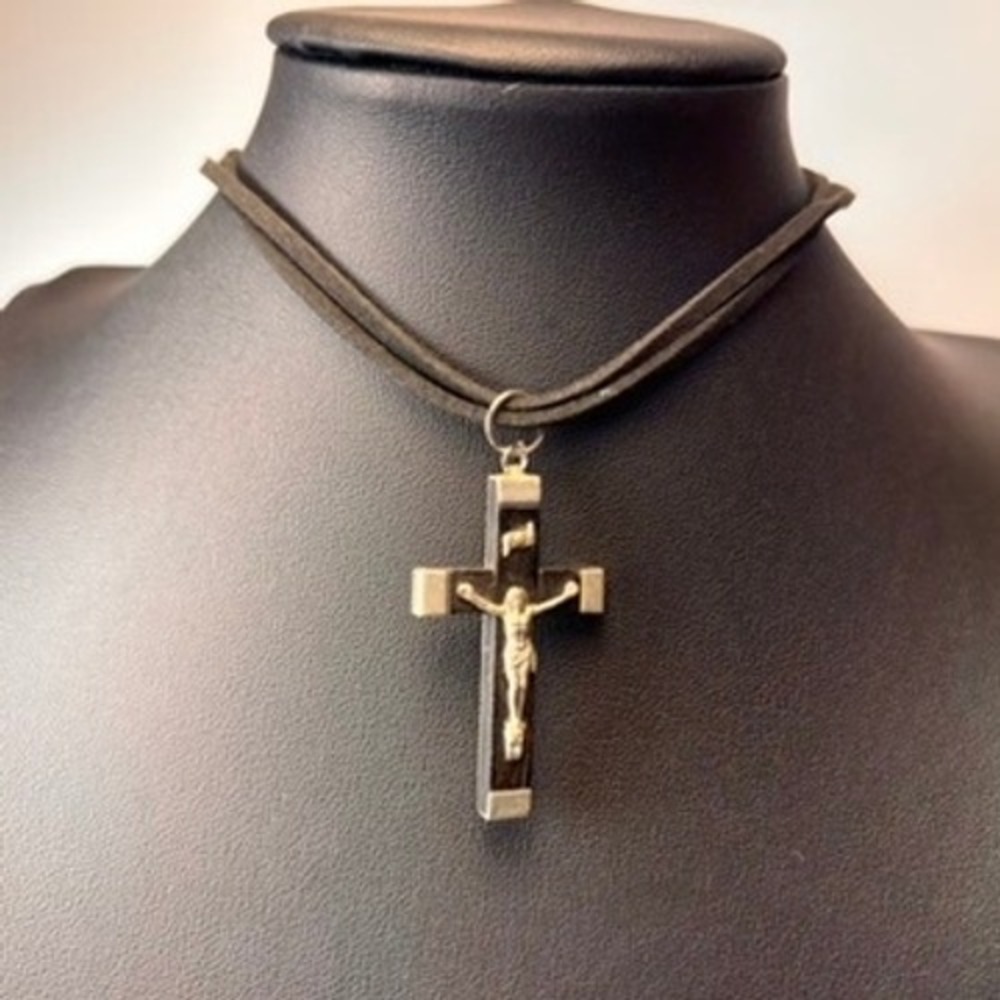 Ebony France Crucifix Necklace Brown Cord Silver Tone Cross Goth Dark Academia